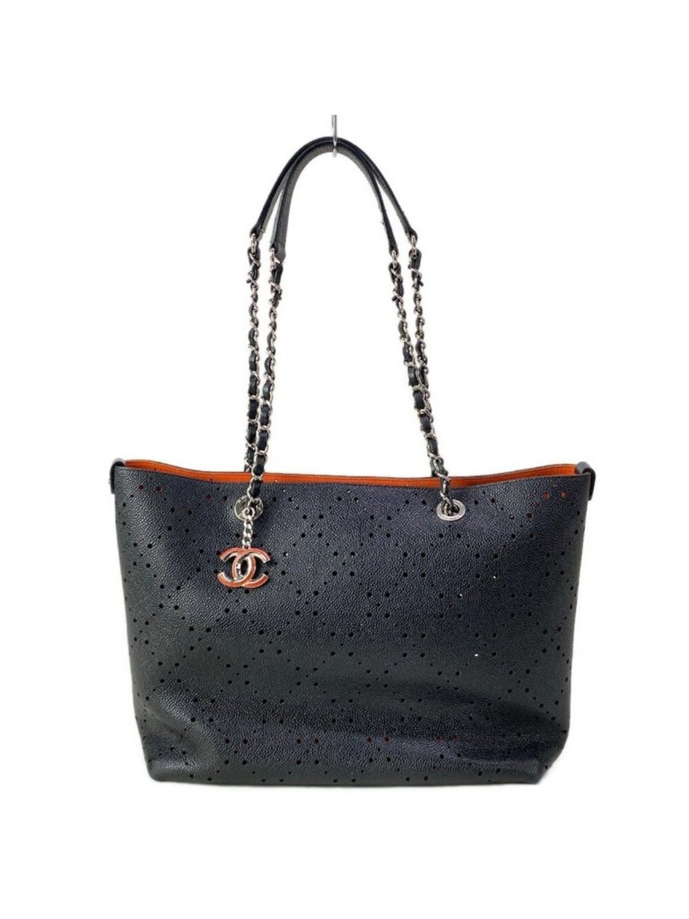 Chanel Tote Bag Black Chain Shoulder Silver Perforated